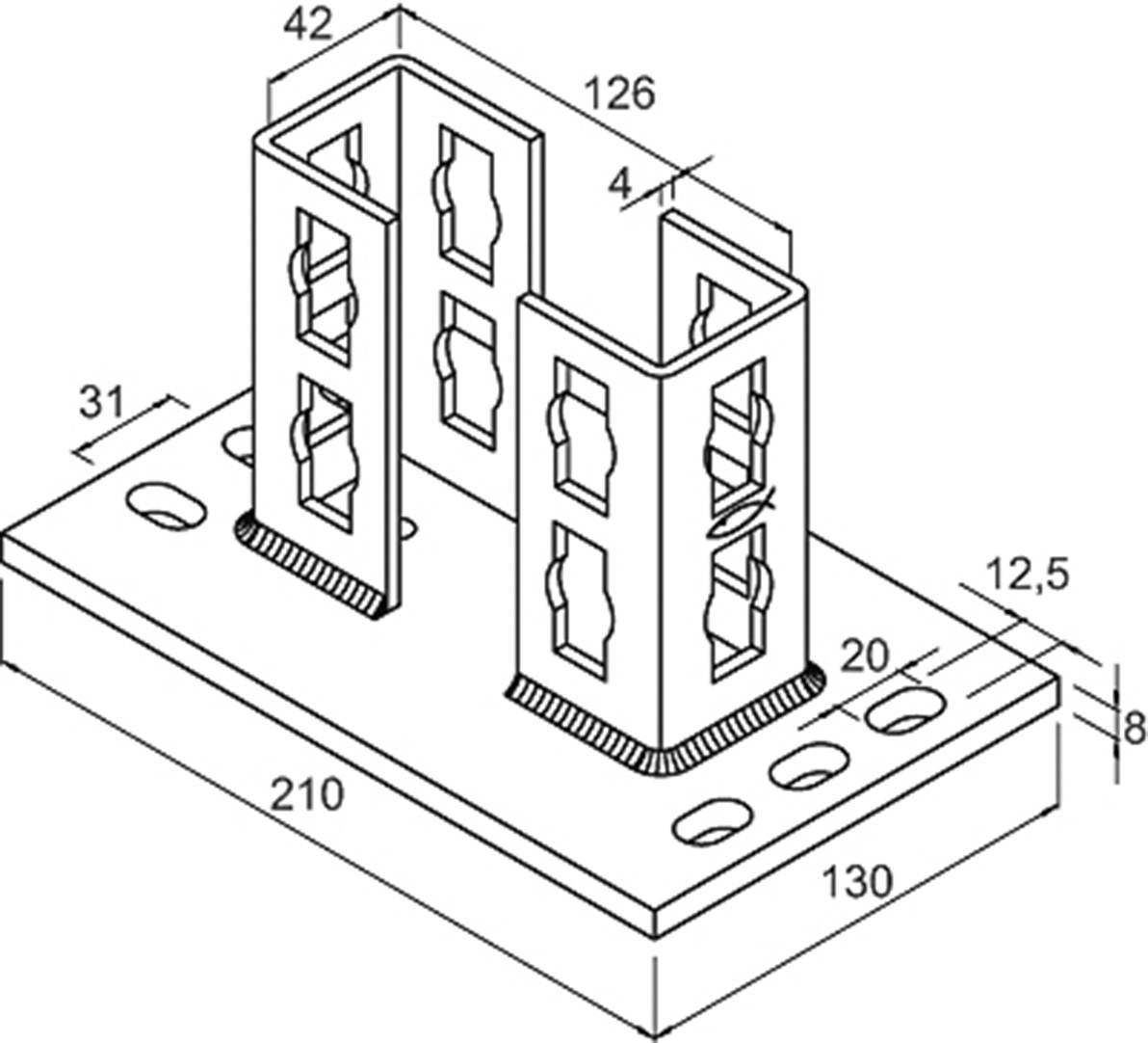 Izometrický výkres kovového držáku s rozměry: základna 210x130 mm, výška 126 mm, s otvory pro upevnění.