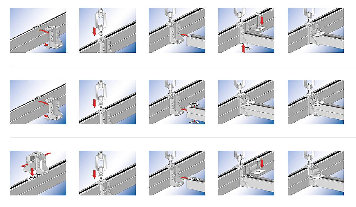 Návod k montáži stropního nebo nástěnného držáku. Obrázek znázorňuje postup krok za krokem s šipkami pro montážní pokyny.