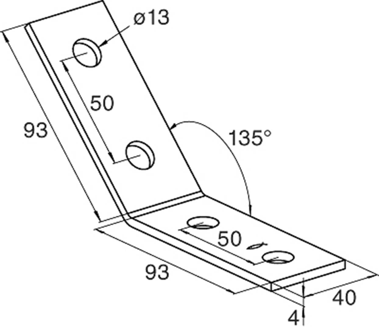 Technický výkres úhlového prvku: úhel 135°, celkové rozměry 93x40 mm, průměr otvoru 13 mm, otvory vzdálené 50 mm od sebe.