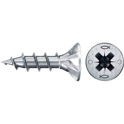 Kovový šroub se Phillips hlavou zobrazený z bočního pohledu a pohledu shora, se zvýrazněným závitovým hřídelím a křížovým výkyvem.