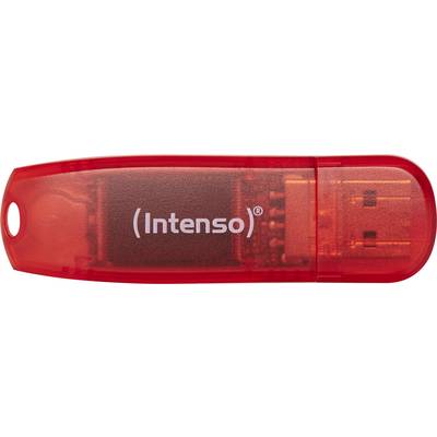 Červený USB flash disk značky Intenso. Flash disk je průhledný a odhaluje své vnitřní komponenty.