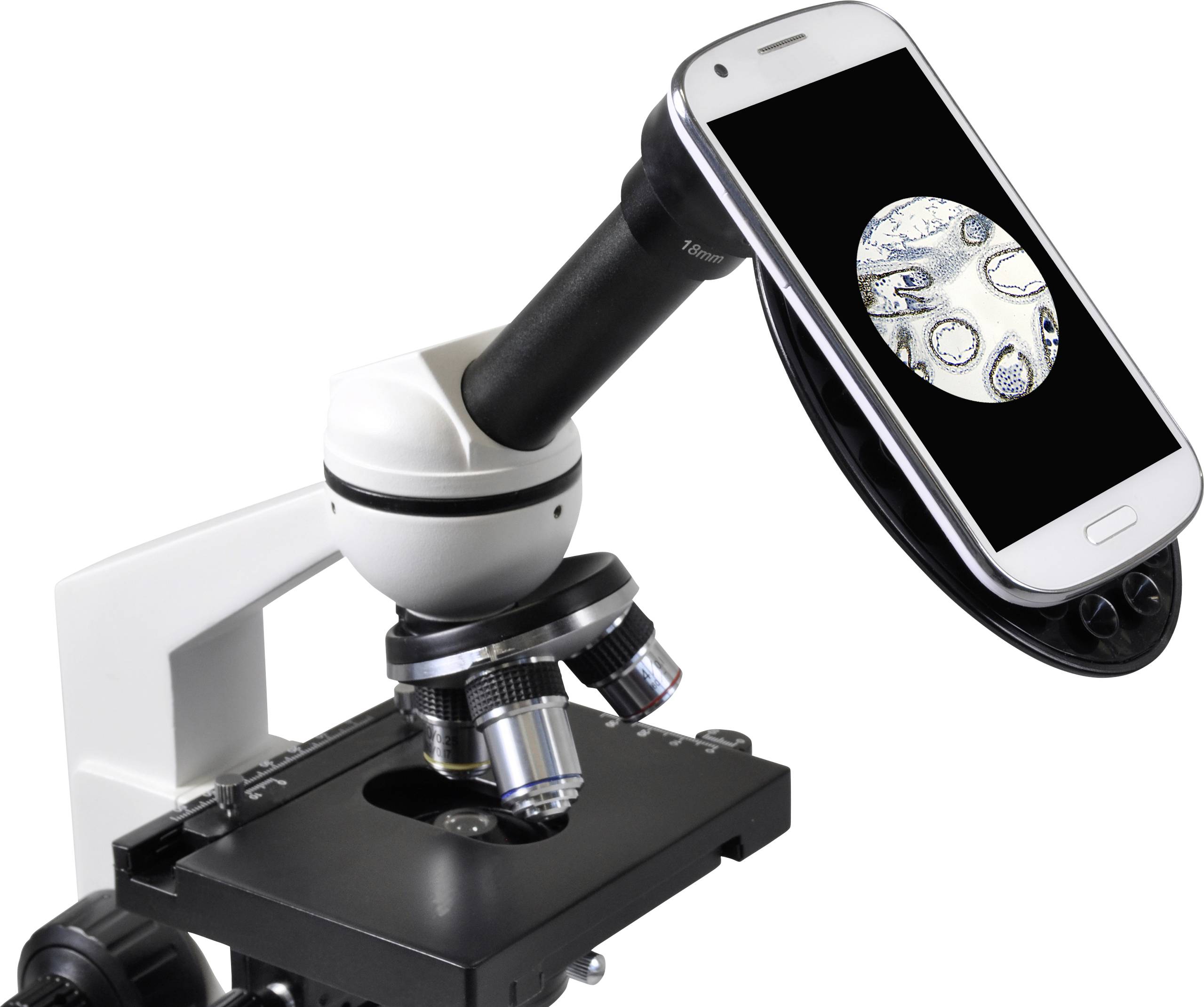 Mikroskop s adaptérem pro smartphone zobrazuje zvětšené biologické vzorky na displeji mobilního telefonu.
