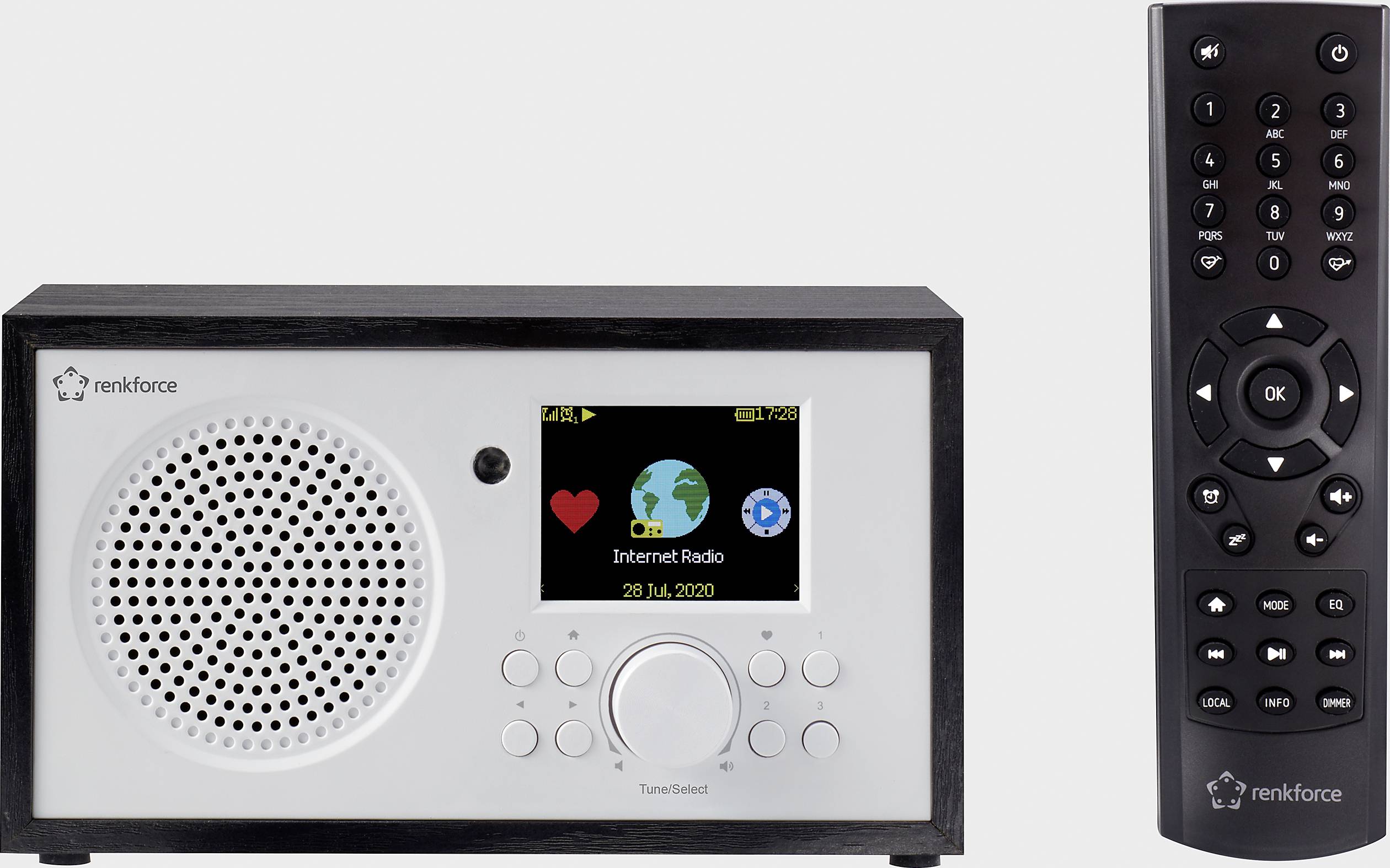 Internetové rádio s reproduktorem vlevo a barevným displejem uprostřed, vedle něj černý dálkový ovladač.