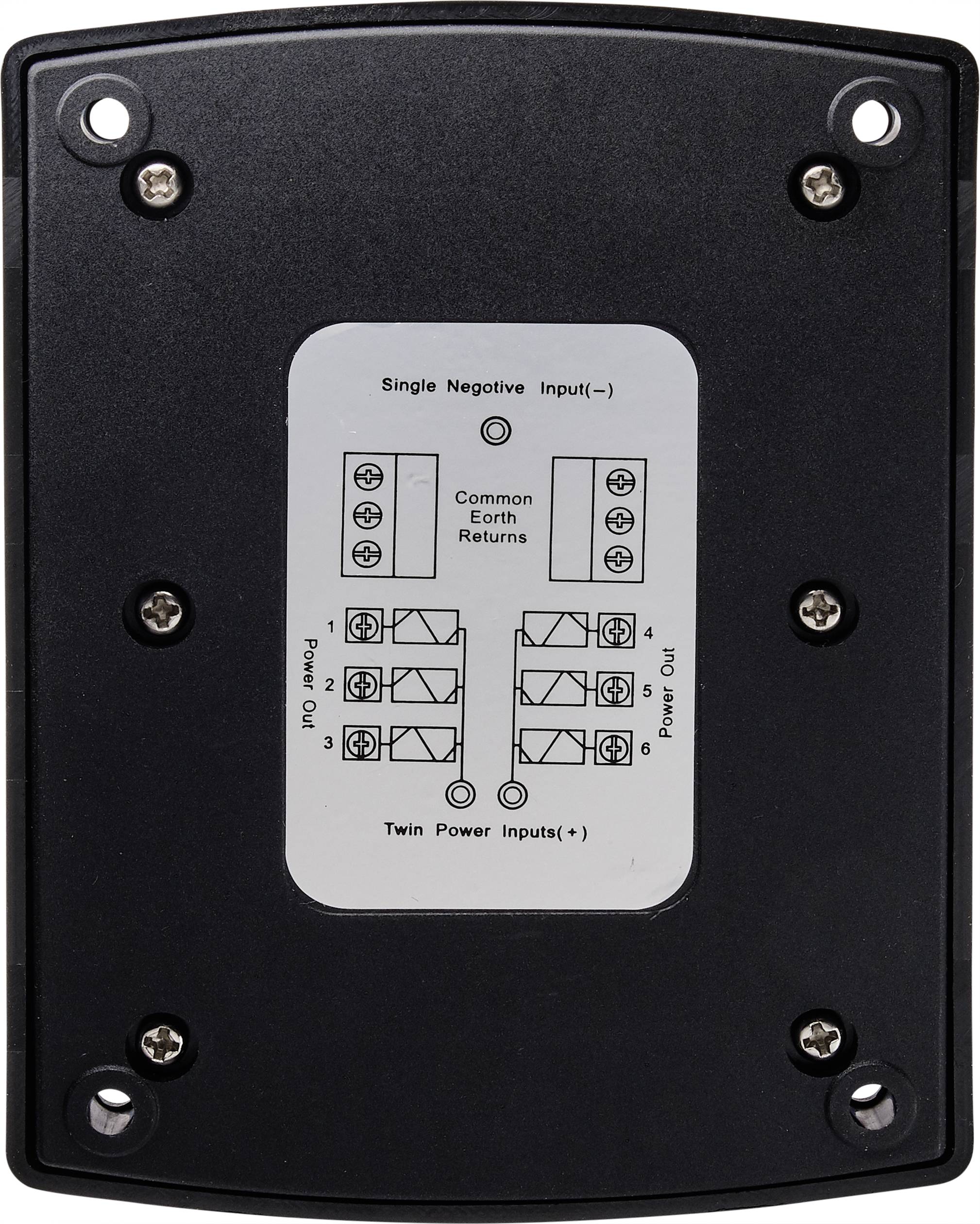 Černé elektronické zařízení s pokyny pro elektrické připojení, včetně nápisů "Single Negative Input" a "Twin Power Inputs".