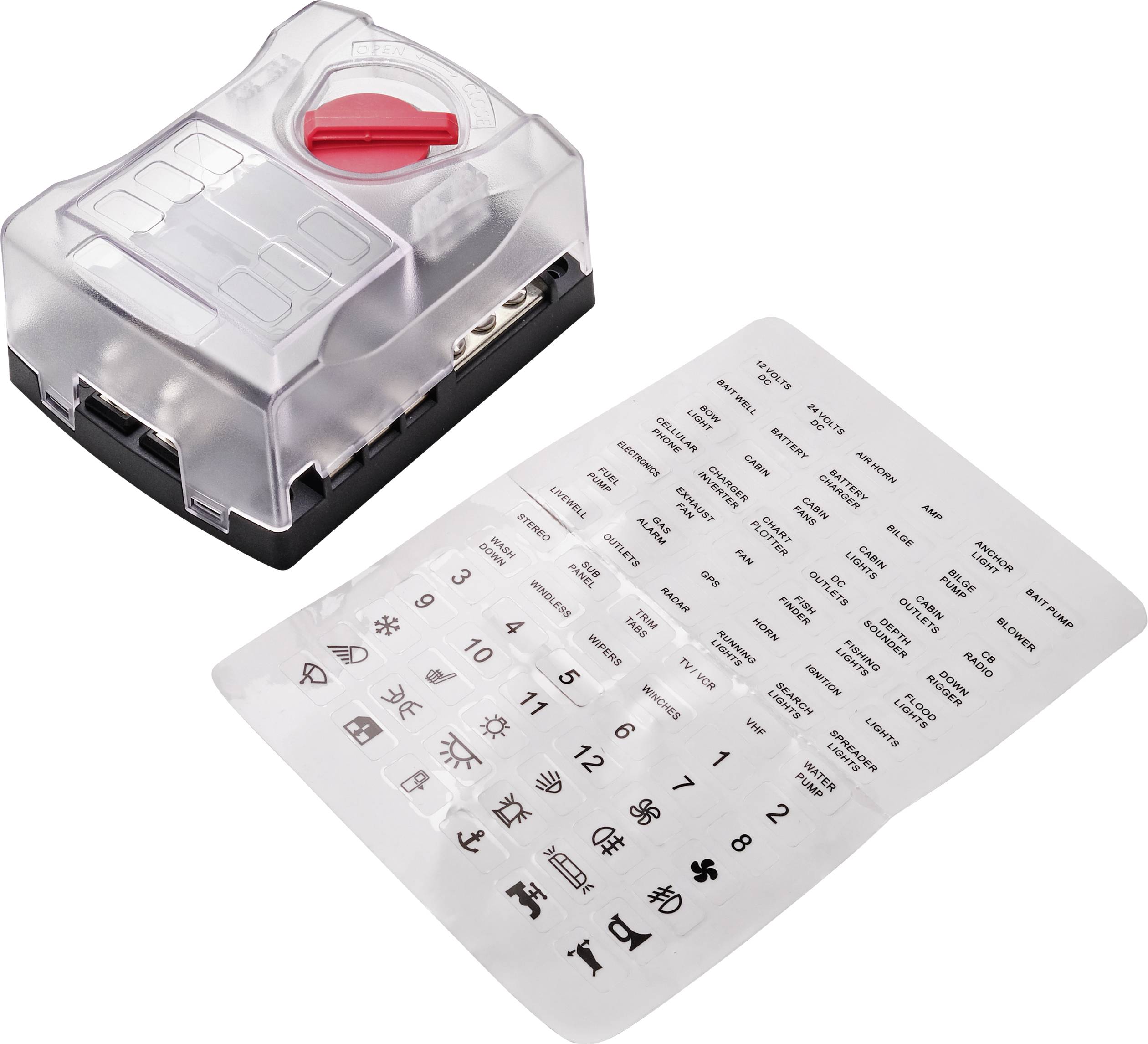 Elektronická pojistka s průhledným krytem a červeným přepínačem, vedle ní list se symboly a popisy funkcí.