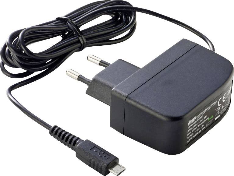 Černý napájecí adaptér s eurokonektorem a USB portem, vhodný pro elektronická zařízení.