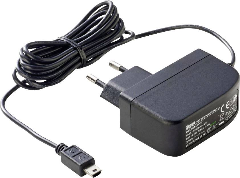 Černý napájecí adaptér s evropskou zástrčkou a kabelem zakončeným mini-USB konektorem, vhodný pro elektronická zařízení.