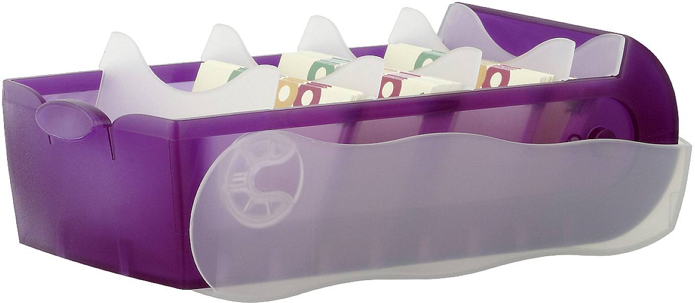 Fialová archivní krabice s registry a registračními listy pro třídění dokumentů. Ideální pro kancelářské nebo soukromé použití.