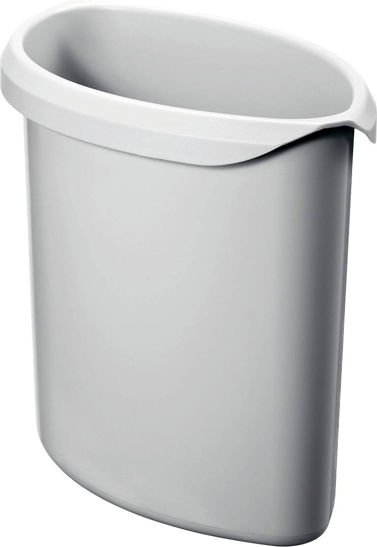 Šedý, oválný odpadkový koš se šikmým okrajem.