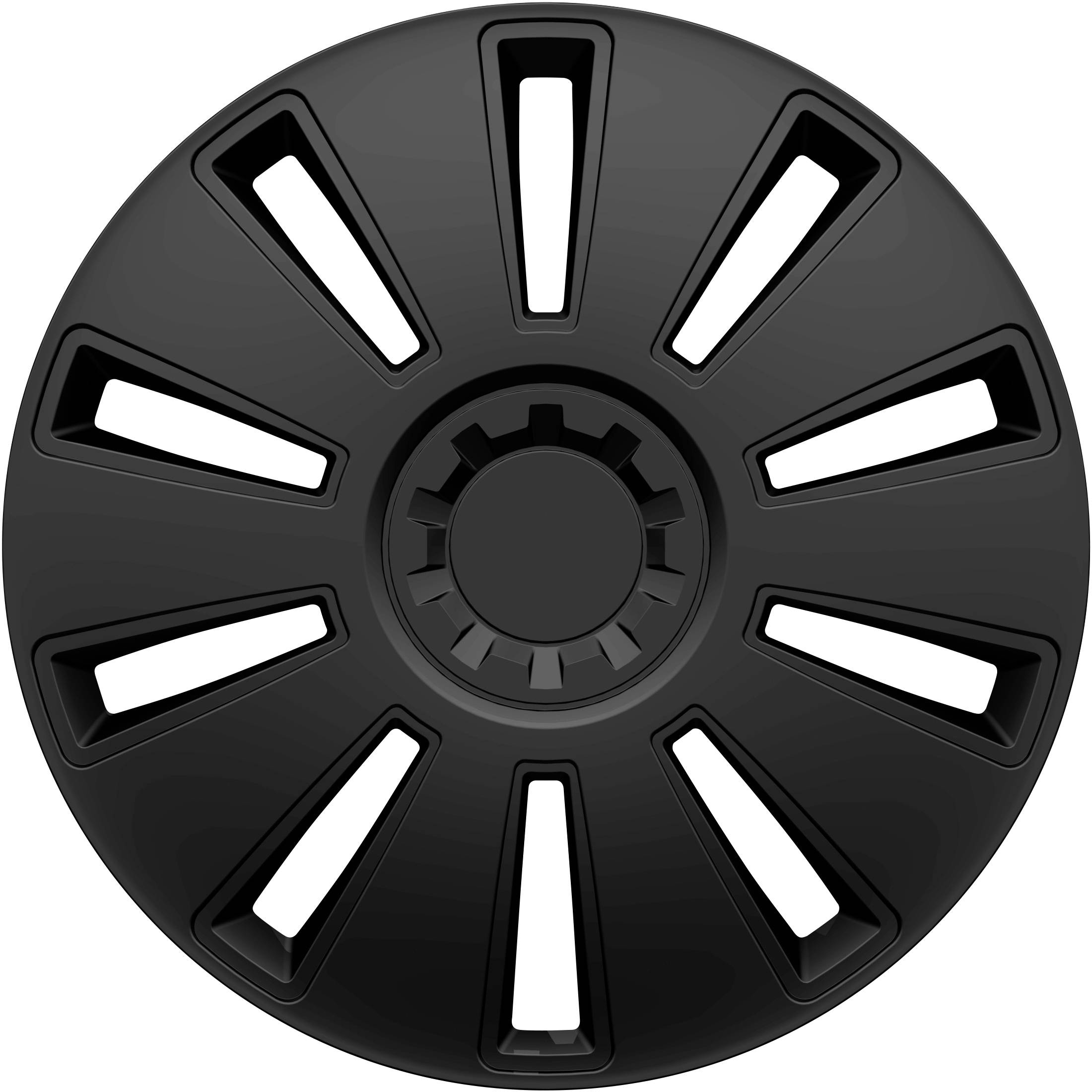 Černý kryt kola v radiálním designu s deseti protáhlými výřezy, centrálním krytem náboje a minimalistickým, moderním vzhledem.