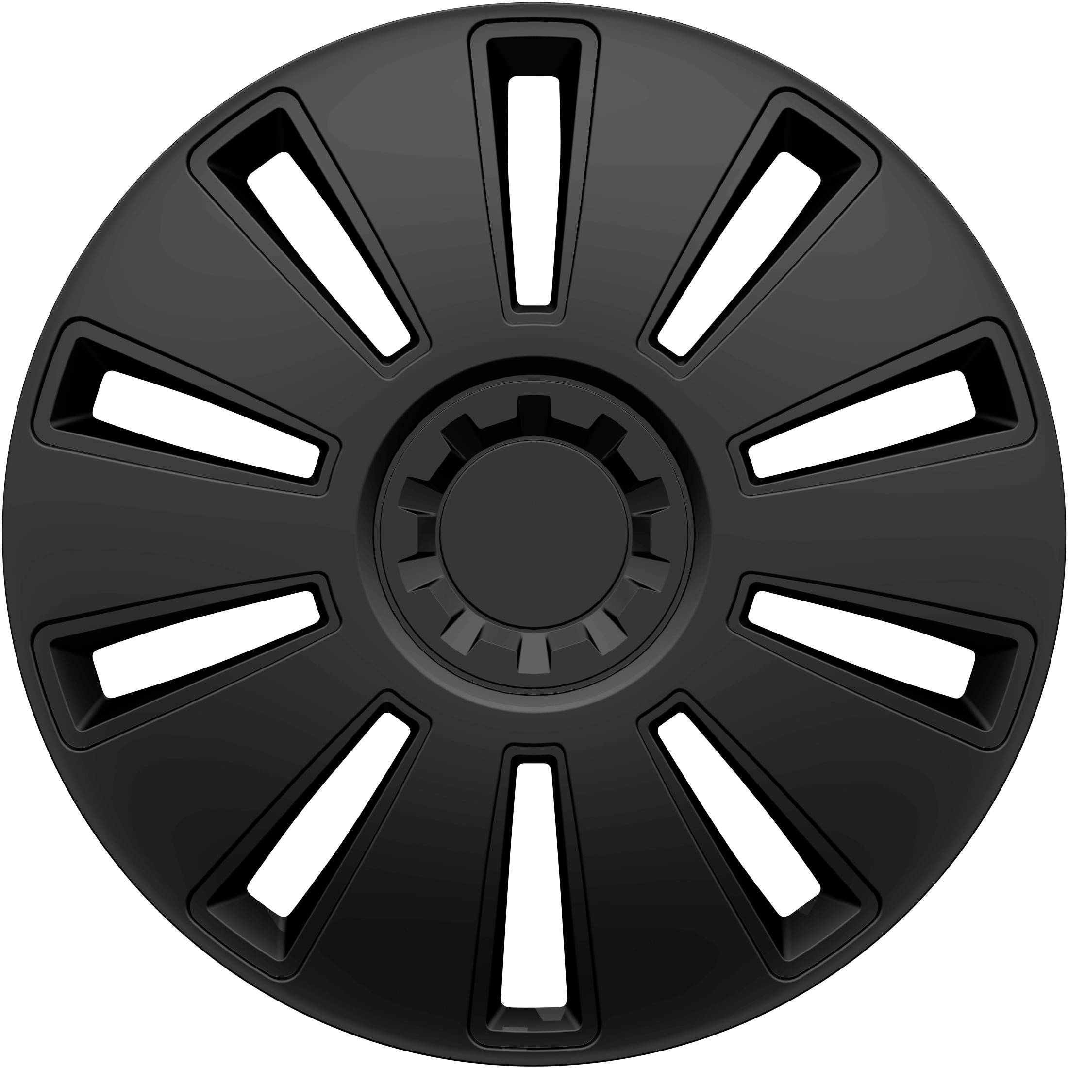 Stylizovaný černý design krytu kola s asymetrickými štěrbinami obklopujícími kruhovou střední část.