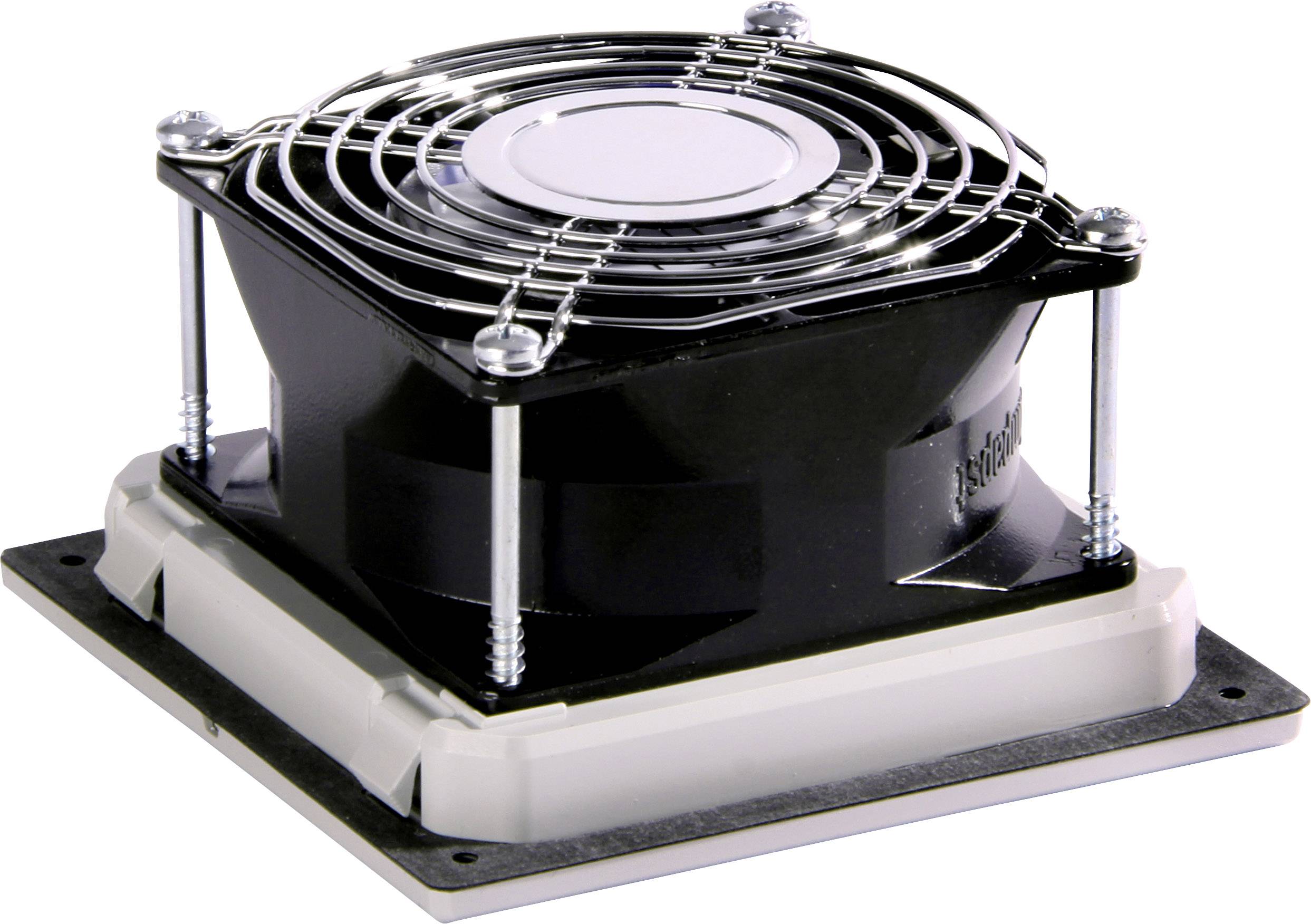 Čtvercový kovový ventilátor s ochrannou mřížkou, namontovaný na obdélníkovém krytu, který se často používá pro chlazení v elektronických zařízeních.
