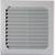 Šedá, čtvercová větrací mřížka s horizontálními lamelami, namontovaná na ploché ploše pro cirkulaci vzduchu.