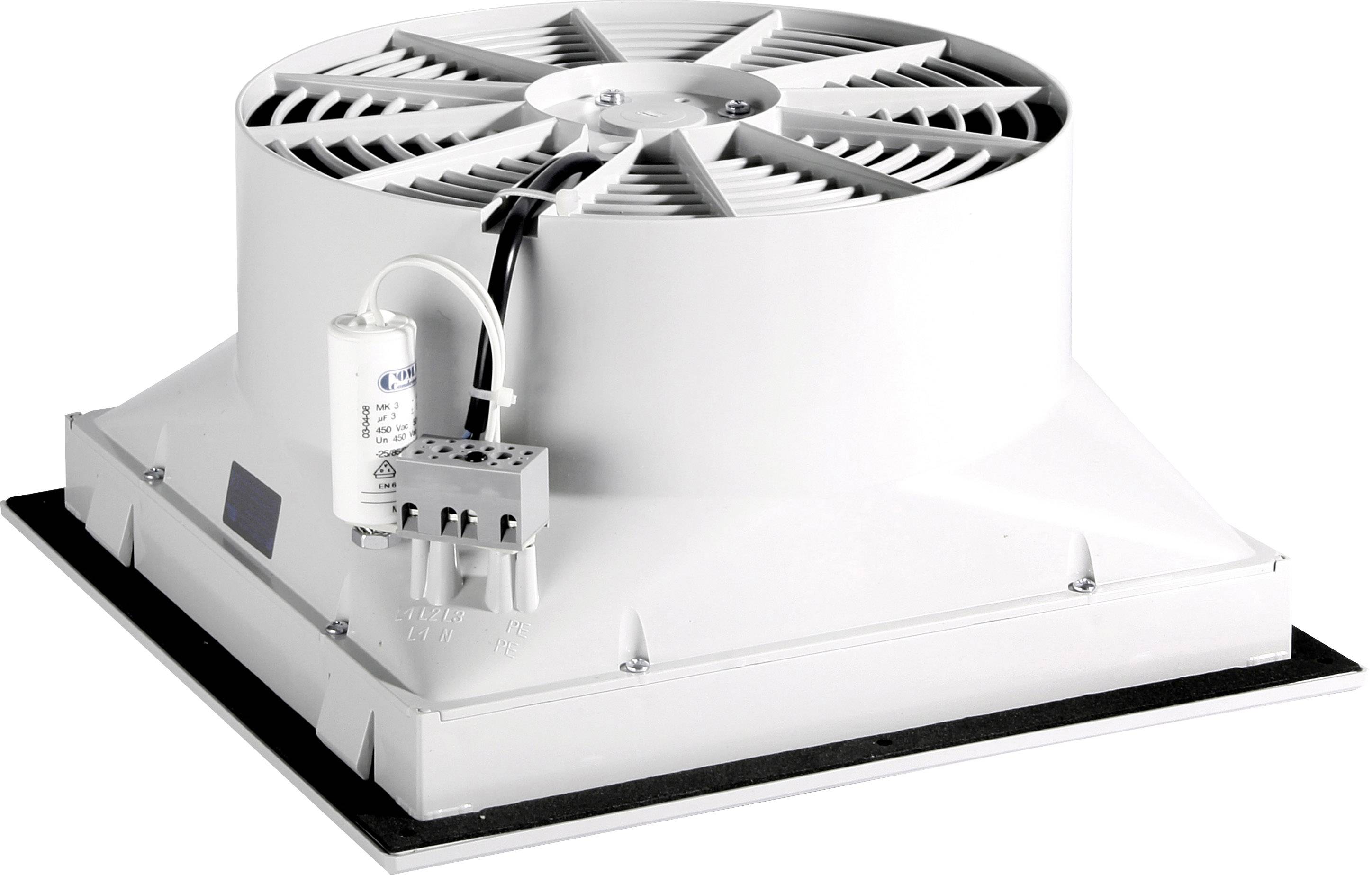 Průmyslový stropní ventilátor v bílé barvě s obdélníkovou základnou, centrálním větrným listem a připevněným kondenzátorem vlevo.