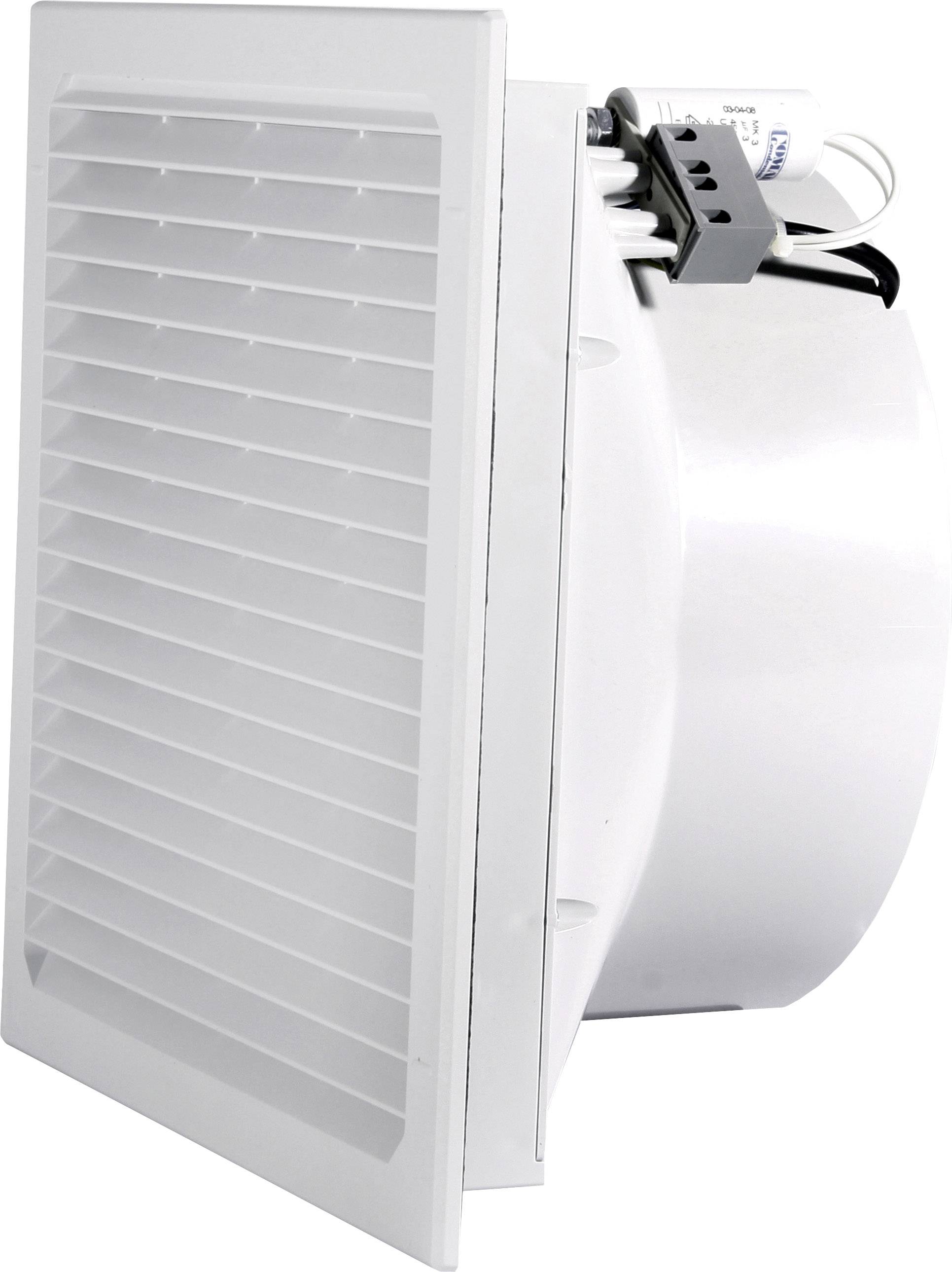 Bílá větrací mřížka s připojeným ventilátorem. Elektronická komponenta je umístěna na zadní straně.