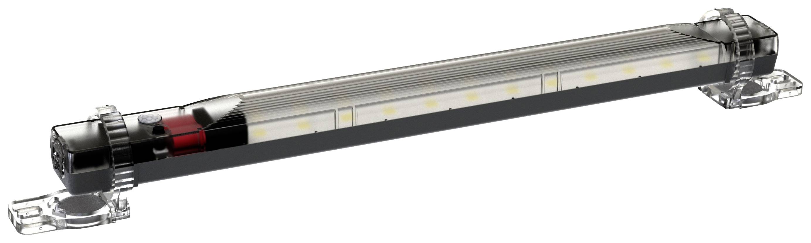 Dlouhá válcovitá LED svítilna s průhledným krytem a dvěma úchyty. Jsou na ní viditelné vnitřní komponenty a světelné pásky.