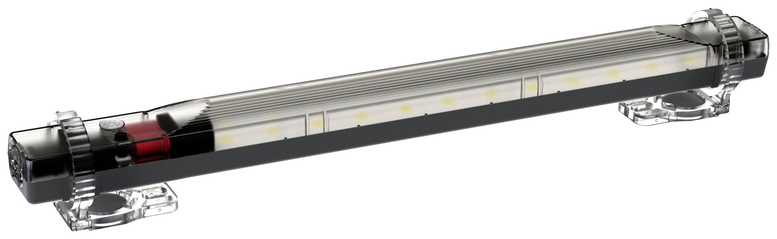 Podlouhlá LED lampa s průhledným krytem a upevňovacími sponkami na obou koncích. Uvnitř jsou viditelné svítící LED diody.