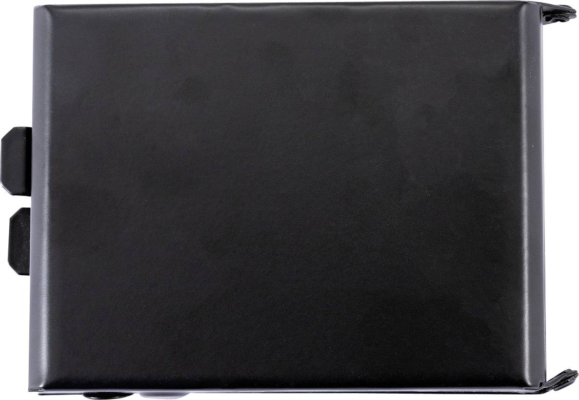 Černá obdélníková kovová schránka se dvěma postranními klopnami, uzavřená a nenápadná.