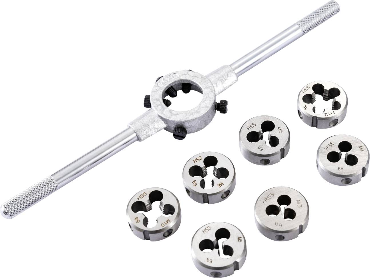 Nastavitelný držák závitníku se sedmi kulatými závitníky různých velikostí pro řezání závitů.