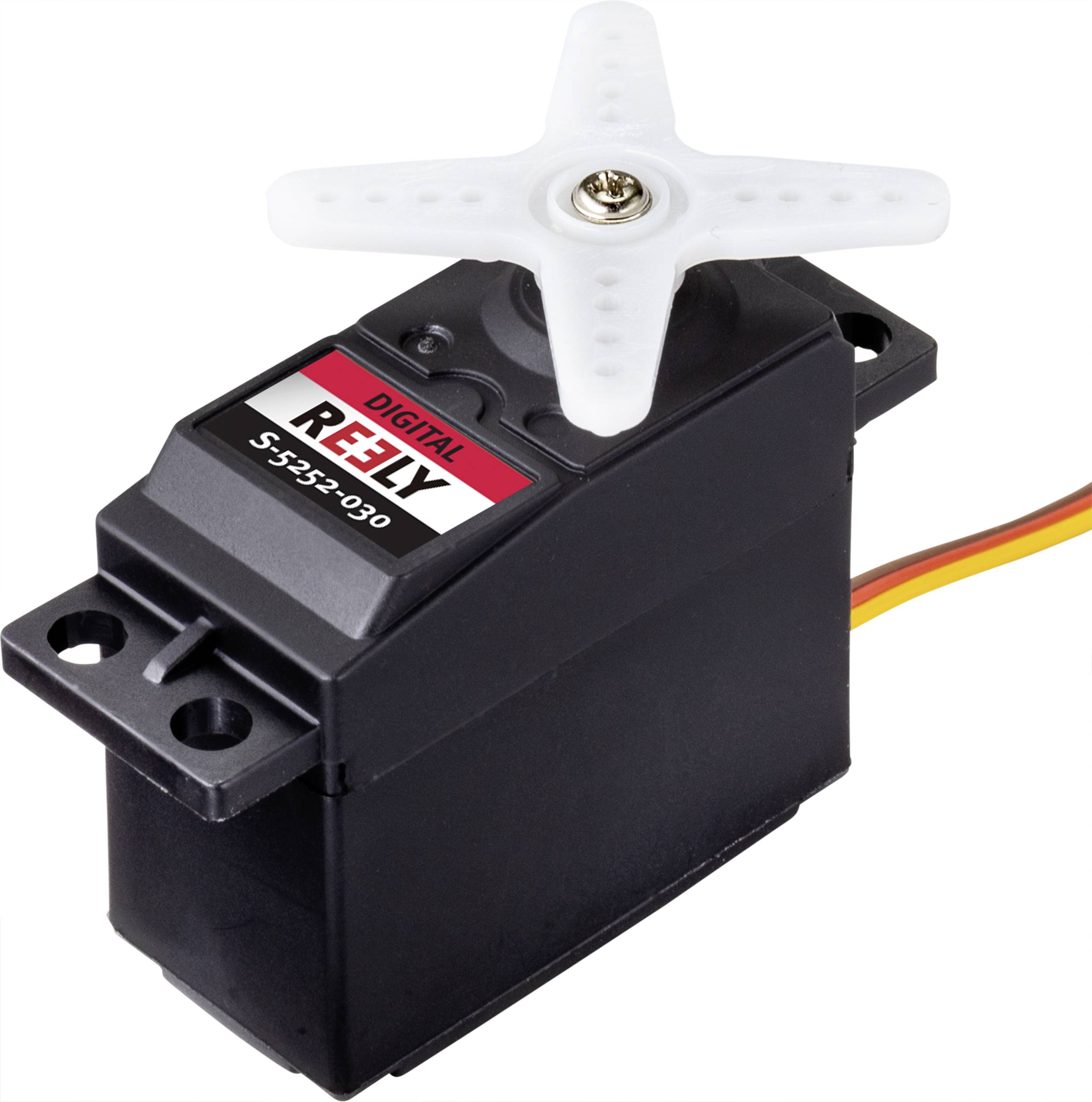 Digitální servomotor s bílou vrtulovou hlavou, černým pouzdrem a kabelovým připojením. Potisk 'RELY S-352-030'.