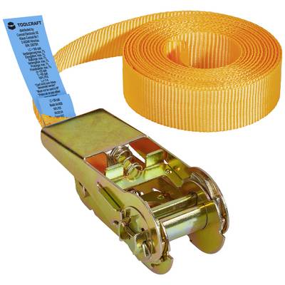 Upínací popruh s kovovým ráčnovým mechanismem a oranžovým popruhem, vhodný pro zajištění nákladu.