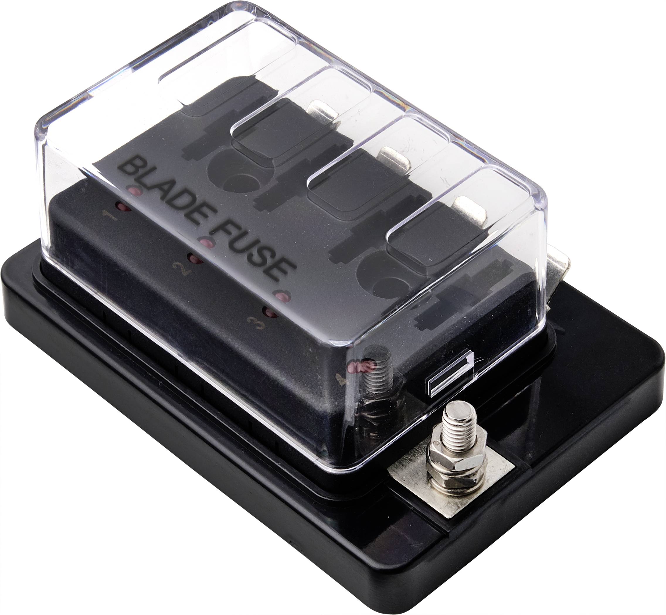 Průhledný držák pojistek s popiskem 'Blade Fuse'. Obsahuje několik plochých pojistek a dva konektory.