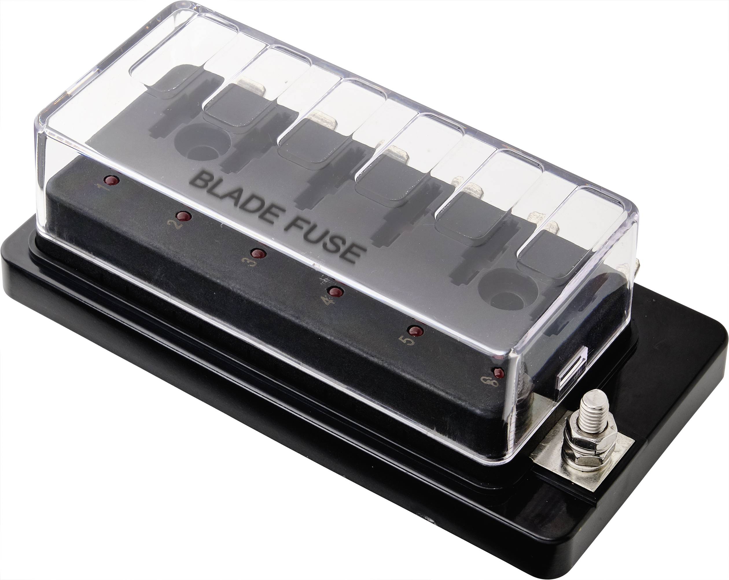 Pojistková skříň s průhledným víkem, červenými LED diodami a nápisem 'BLADE FUSE'. Obsahuje několik slotů pro pojistky.