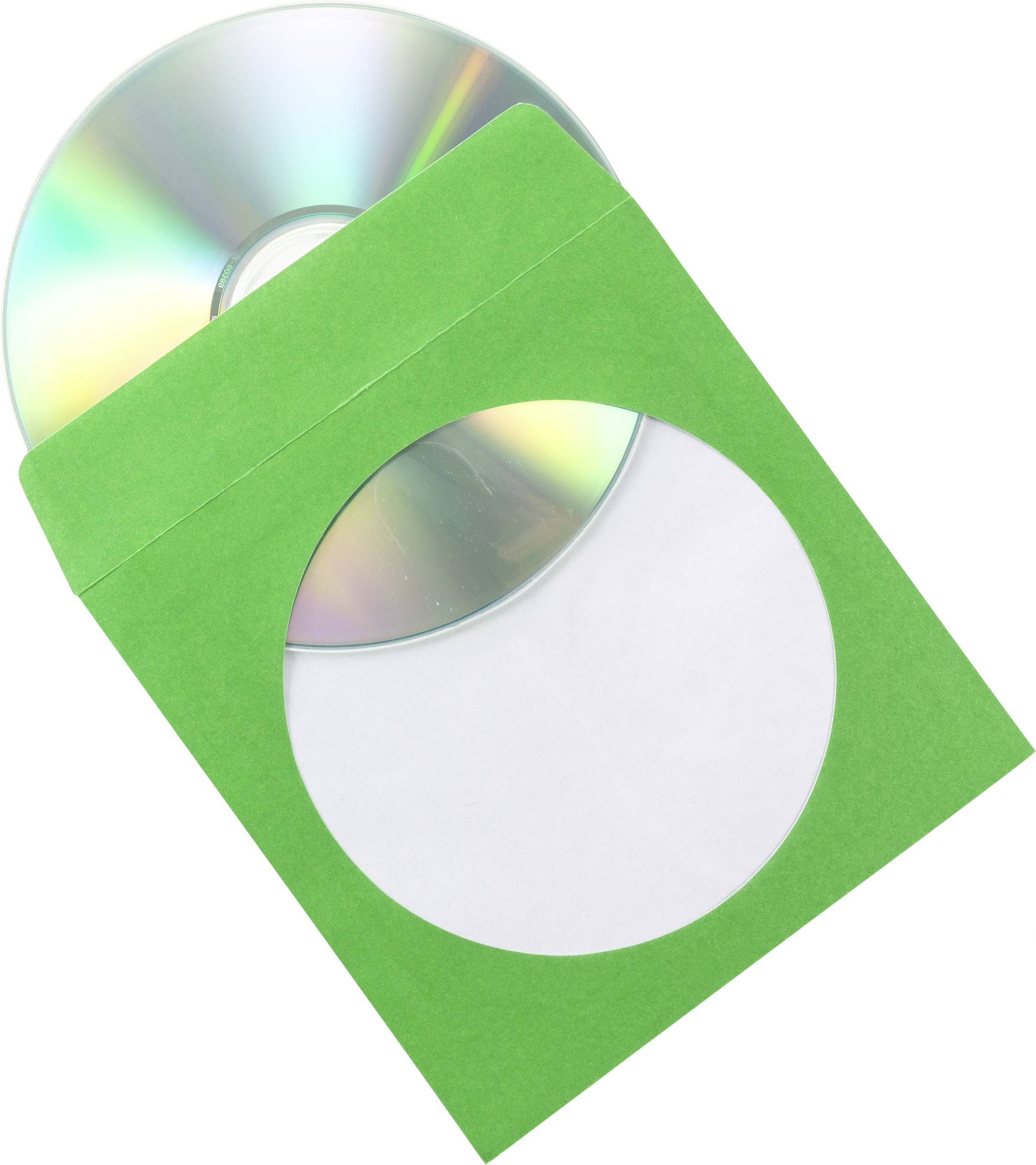 Kompaktní disk v zelené obálce s průhledným okénkem, které odhaluje stříbrný povrch CD.
