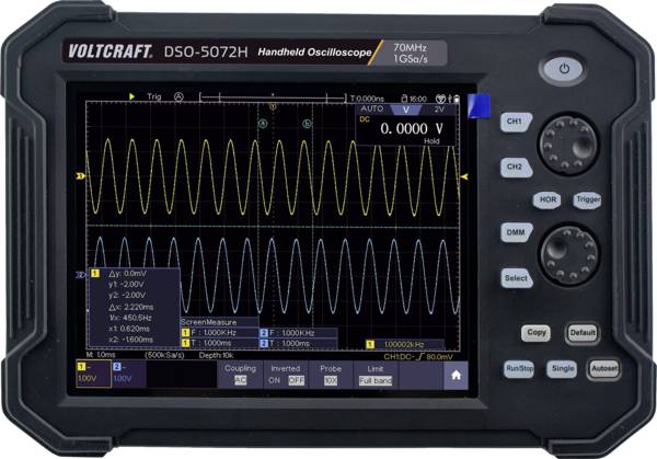VOLTCRAFT DSO-5072H Ruční osciloskop 70 MHz, 2kanálový, 1 GSa/s, 40 Mpts, 8 Bit, s pamětí (DSO), ruční provedení, funkce multimetru, 1 ks, VC-11338050