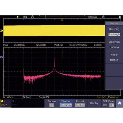Osciloskopický záznam frekvenčního spektra se zvýrazněným obdélníkovým oknem. Dva hlavní vrcholy přibližně v 1,25 kHz.