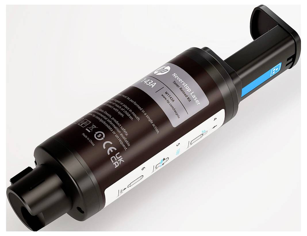 Produktová fotografie toneru HP Neverstop Laser, zobrazená v detailním šikmém pohledu na bílém pozadí.