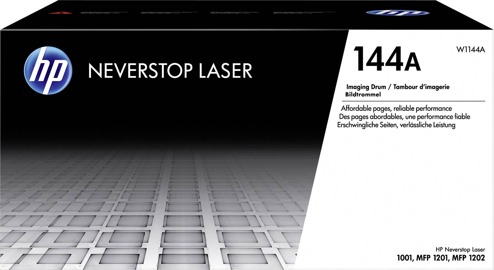 Balení s nápisem 'HP Neverstop Laser 144A Zobrazovací válec'. Obsahuje informace o spolehlivosti a výkonnosti.