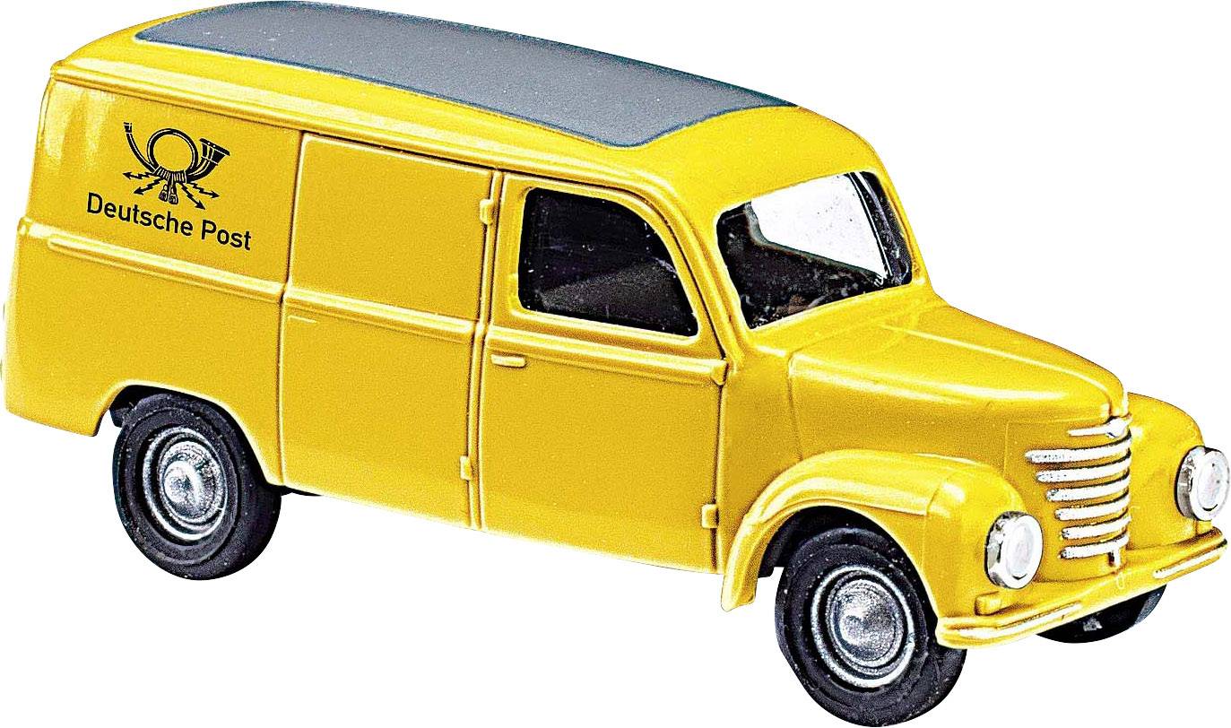 Žluté modelové auto Deutsche Post s šedou střechou, na boční straně je logo poštovního rohu a nápis 'Deutsche Post'.