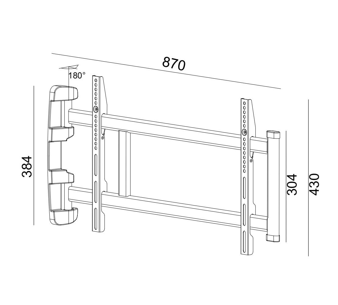 Technický výkres nástěnného držáku s rozměry: 870 mm šířka, 384 mm výška, s úhlem náklonu 180 stupňů.