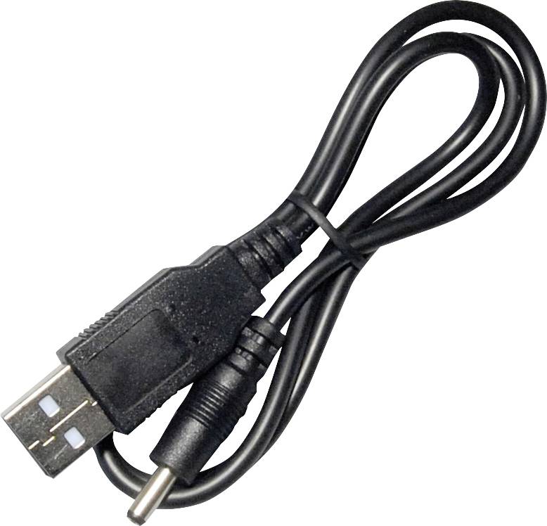 Černý USB nabíjecí kabel s USB konektorem na jednom konci a kulatou zdířkou na straně druhé, zobrazený v navinutém stavu.