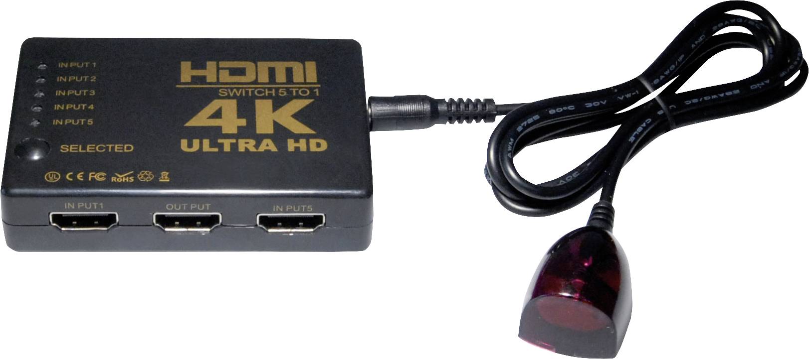 Černý HDMI přepínač s pěti vstupy a jedním výstupem, podporující 4K Ultra HD. Včetně infračerveného senzoru a napájecího kabelu.