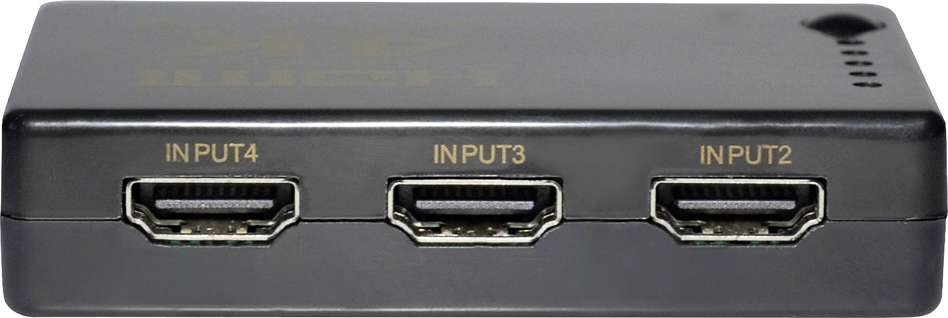 Tři HDMI vstupy na jednom zařízení, označené jako 'INPUT2', 'INPUT3' a 'INPUT4'. Ideální pro připojení více zdrojů k jedné obrazovce.