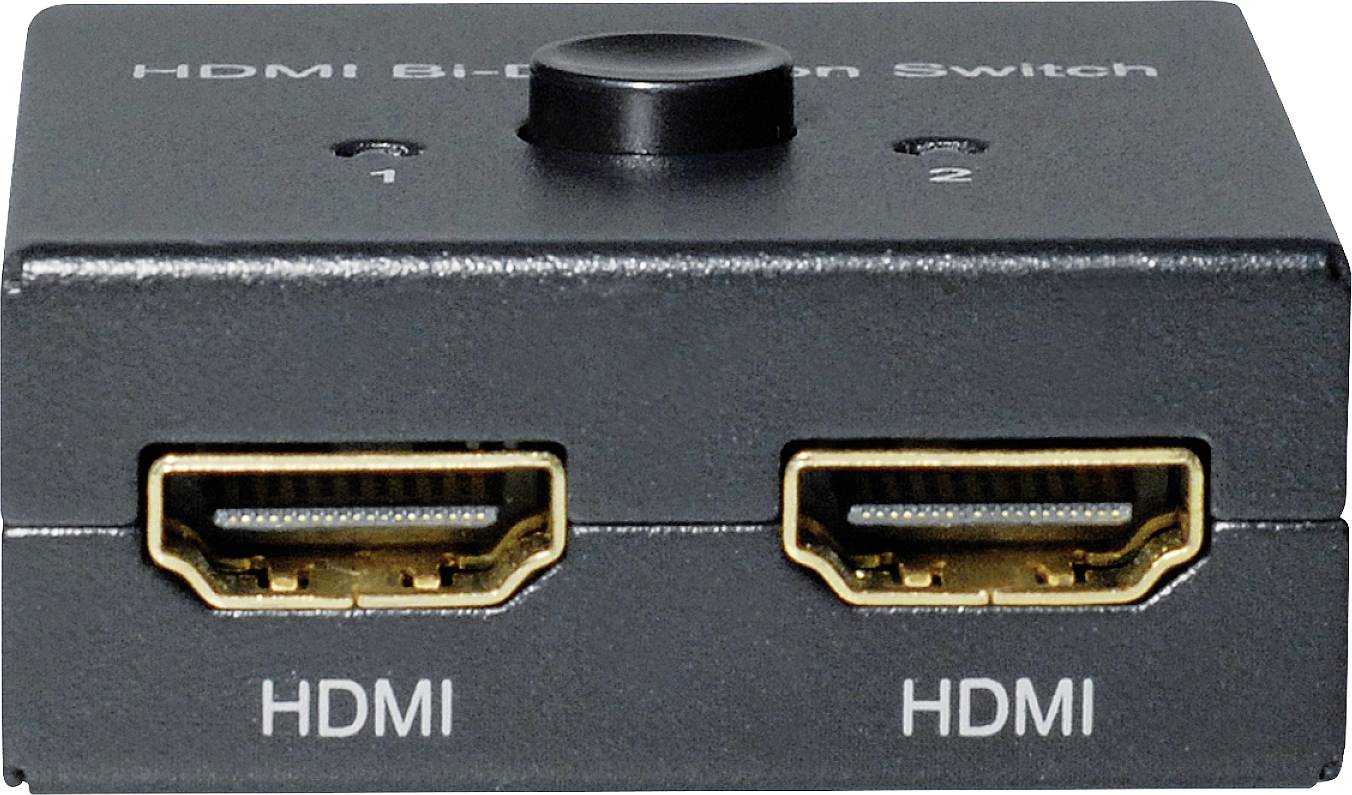 HDMI obousměrný přepínač se dvěma HDMI porty a centrálním tlačítkem pro přepínání mezi dvěma HDMI zařízeními.