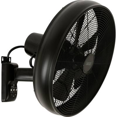 Černý nástěnný ventilátor s ochranným krytem a ovládacími prvky u základny.
