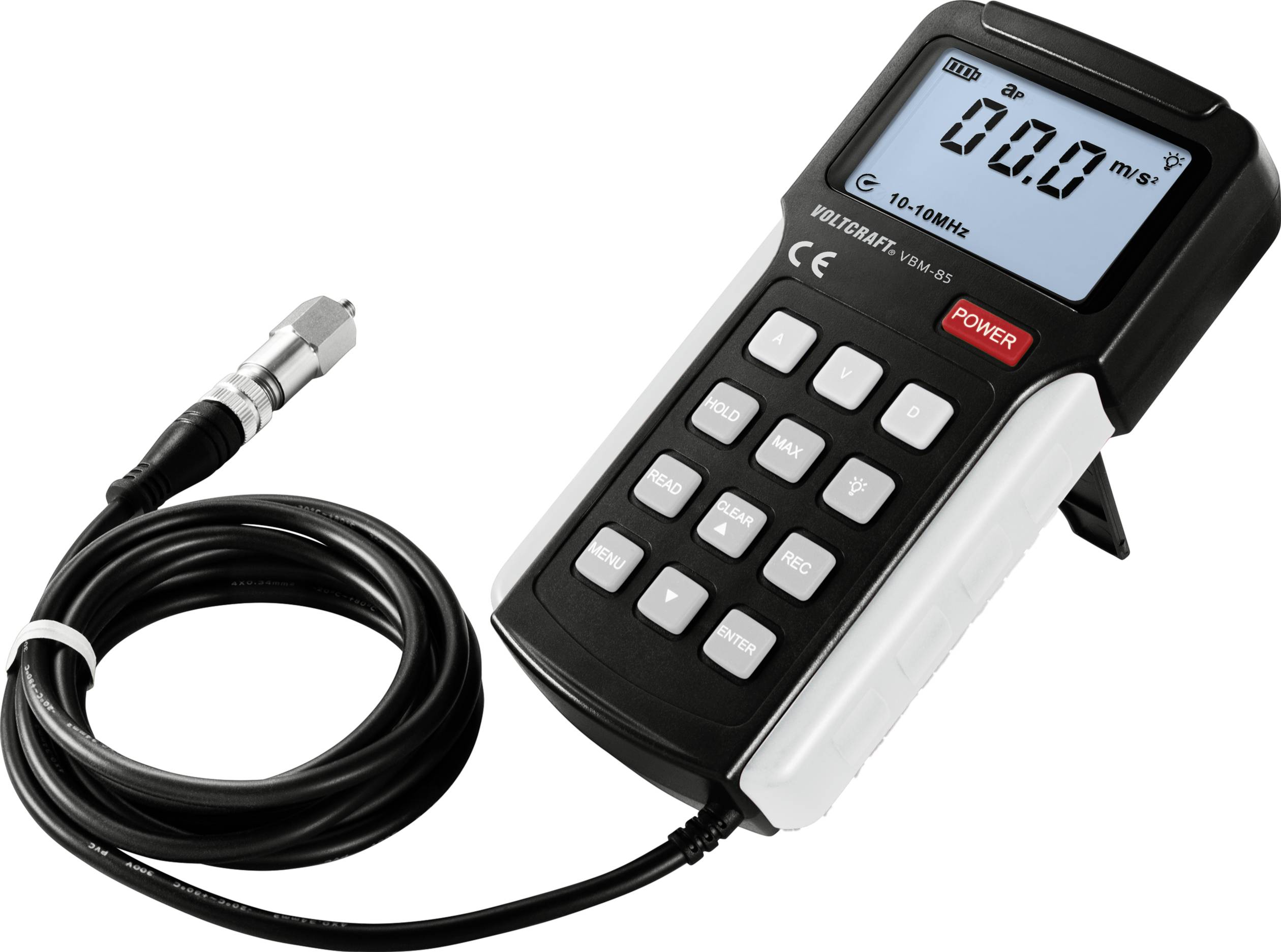 Digitální měřicí přístroj zobrazuje na displeji '0.0 mW/cm²'. Je vybaven tlačítky a připojen kabelem k senzoru.