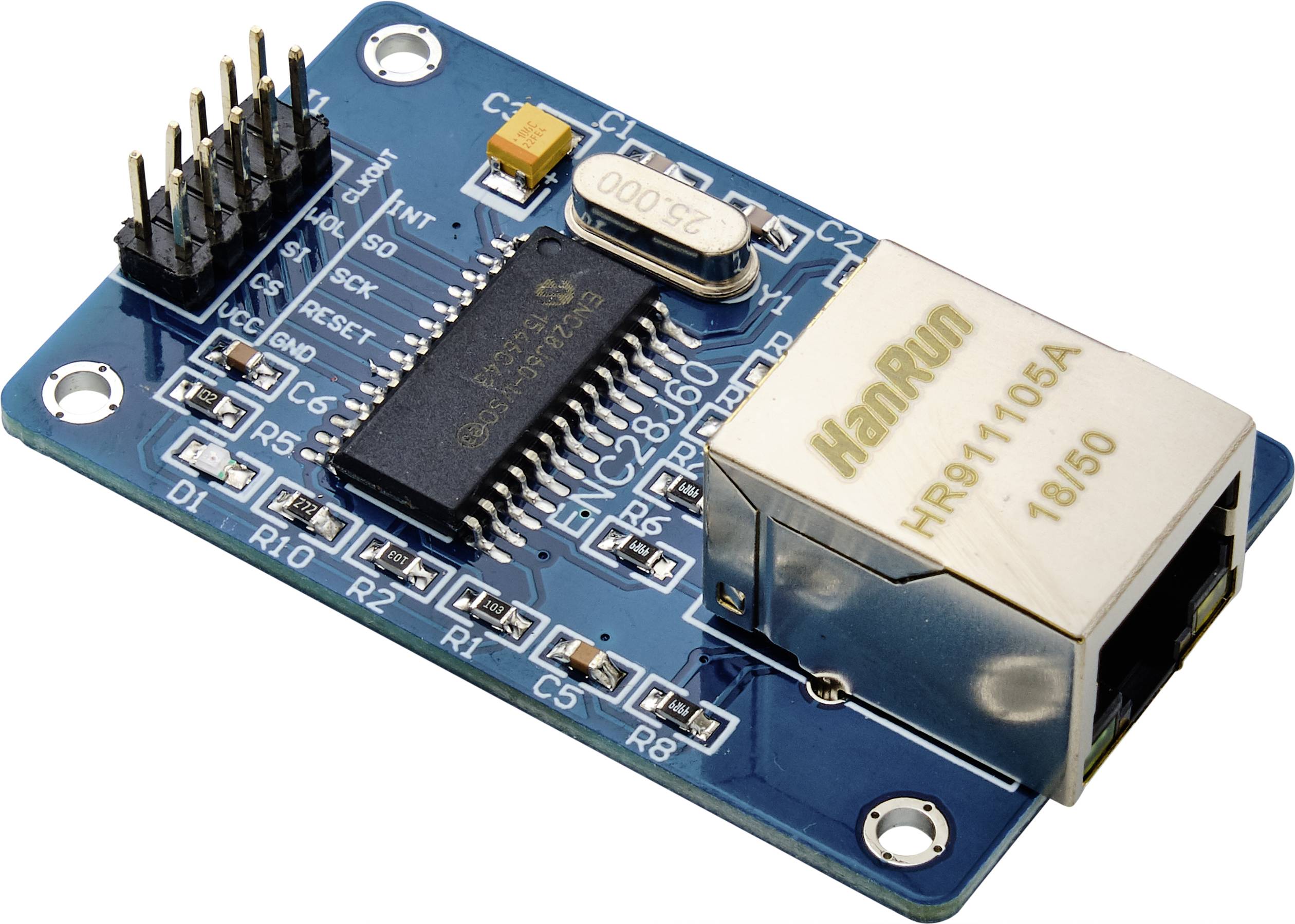 Ethernetový modul s obvody a konektory pro připojení počítačových sítí. Vytištěný štítek: 'HanRun HR911105A 19/50'.