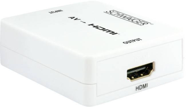 Bílý adaptér AV na HDMI značky Schwaiger, který ukazuje HDMI výstup na pravé straně zařízení.