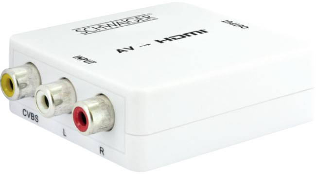 Bílý AV-na-HDMI konverter s konektory pro CVBS, L a R.