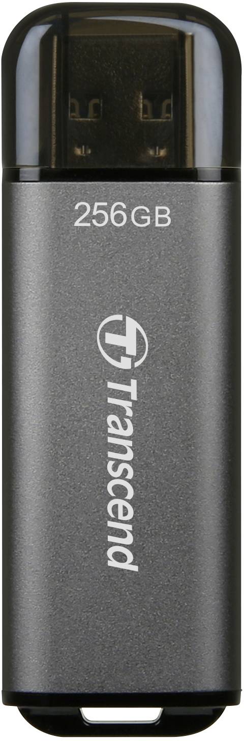 USB flash disk s nápisem '256GB' a 'Transcend', černé tělo, paměťové médium pro ukládání dat.