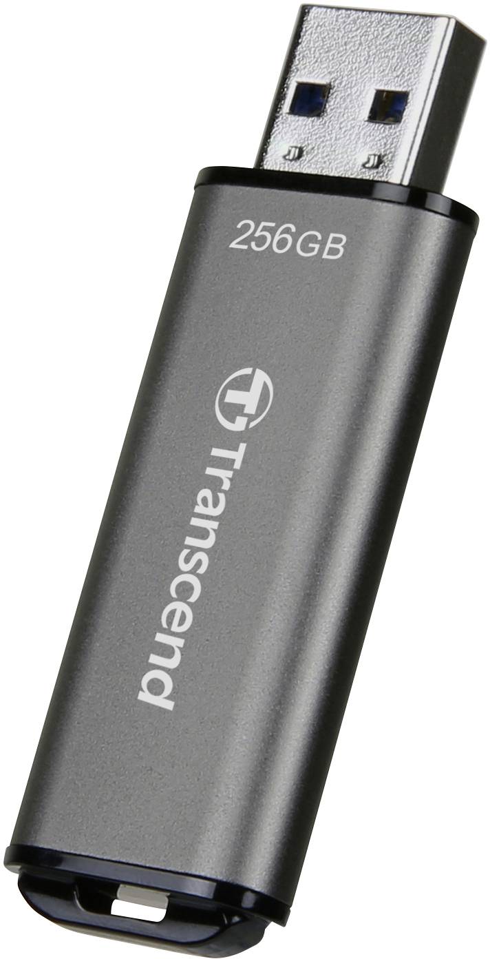 USB flash disk značky Transcend s kapacitou 256 GB. Má šedé tělo a zobrazuje logo Transcendu.