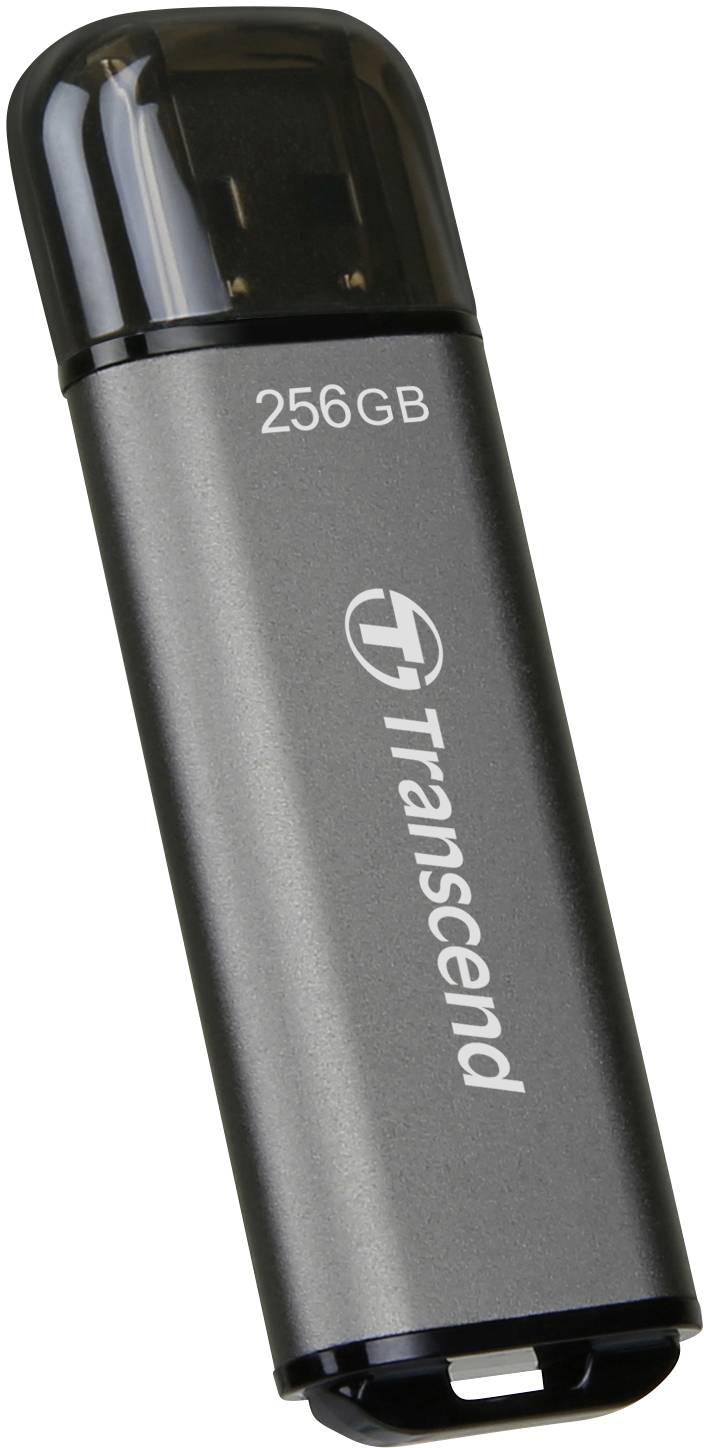 USB flash disk značky Transcend s kapacitou 256 GB v tmavém pouzdře.