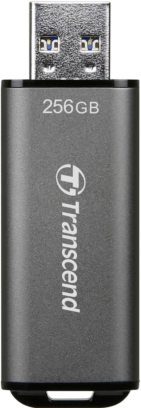 Černý USB flash disk značky Transcend s kapacitou 256 GB.