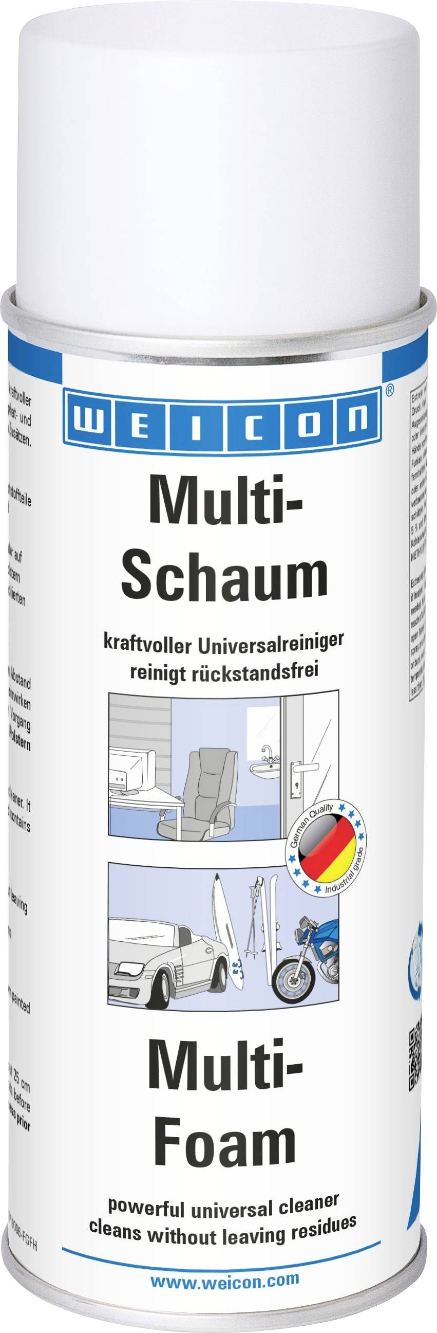 WEICON Multi-Foam univerzální čisticí sprej v aerosolu s bílým štítkem a fotografiemi produktu, text v němčině a angličtině.