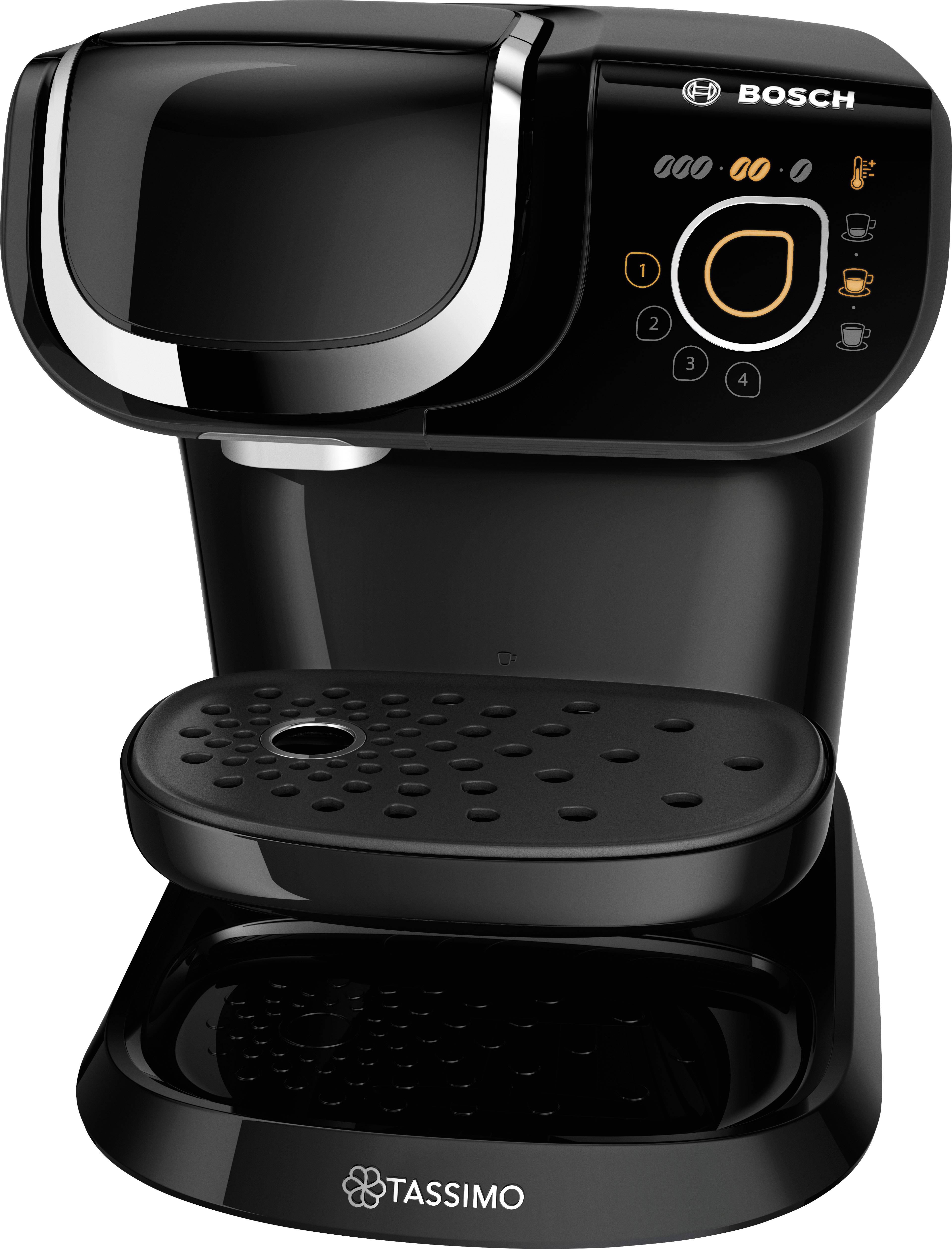 Černý kávovar Bosch Tassimo s ovládacími tlačítky vpředu. Má moderní design a odkapávací misku.