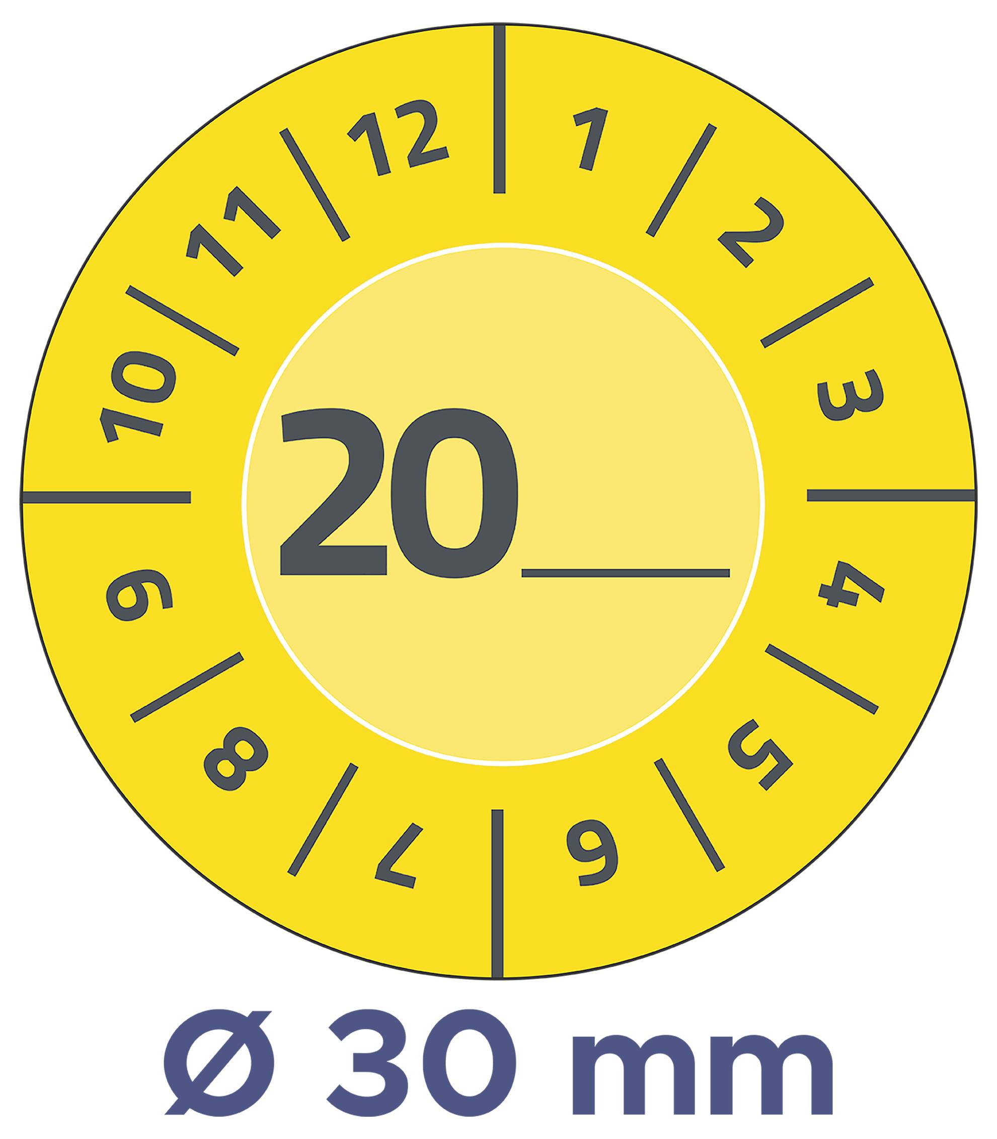 Kulaté žluté štítko s čísly 1 až 12 a „20_" uprostřed; pod ním je napsáno „Ø 30 mm".